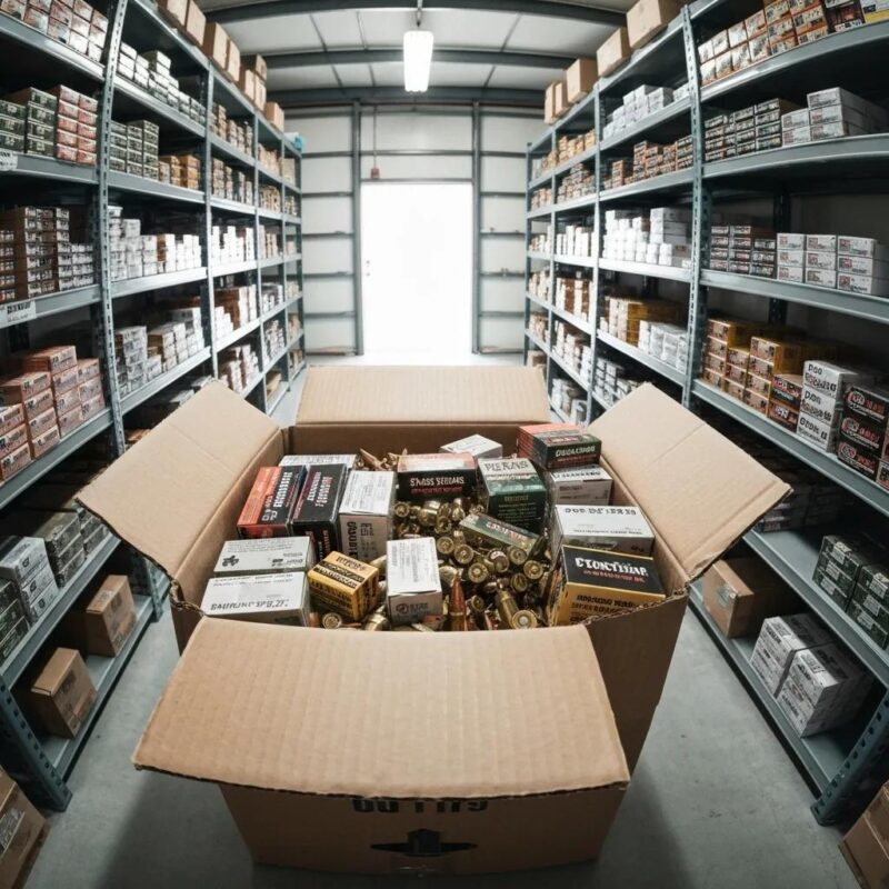 A cardboard box overflowing with bulk ammunition, illustrating the concept of affordable bulk deals