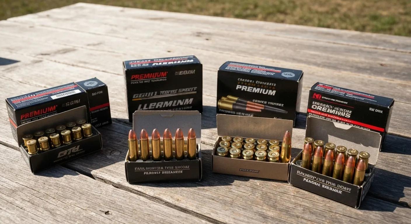A variety of ammunition types laid out on a shooting range table, highlighting quality and affordability