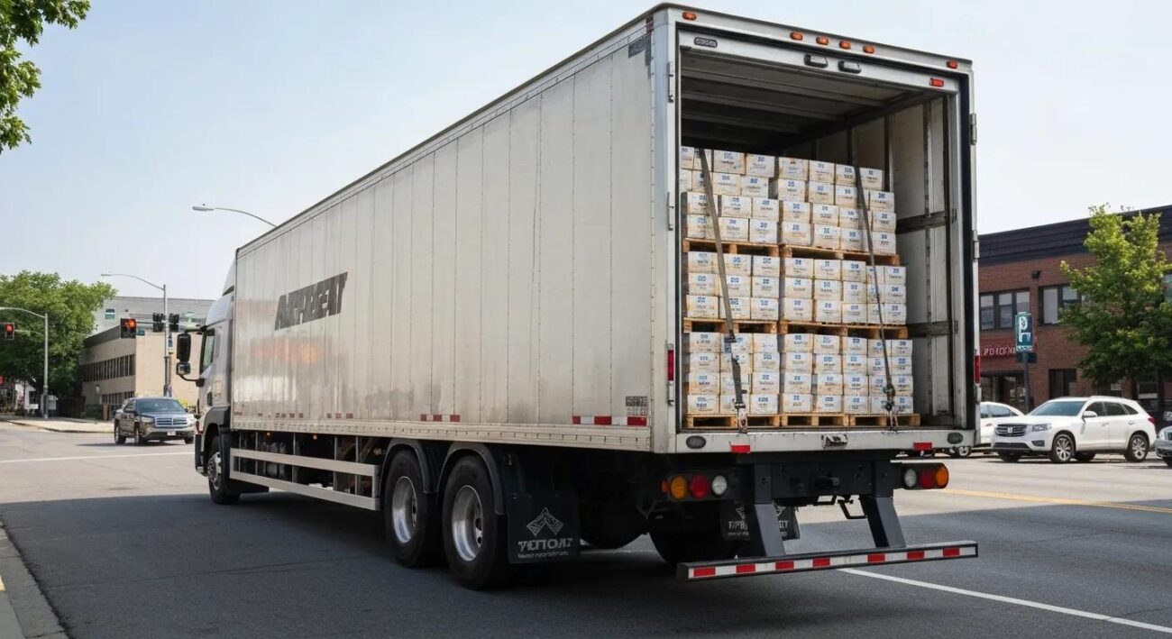 A delivery truck loaded with ammunition boxes, symbolizing efficient shipping for online ammo purchases