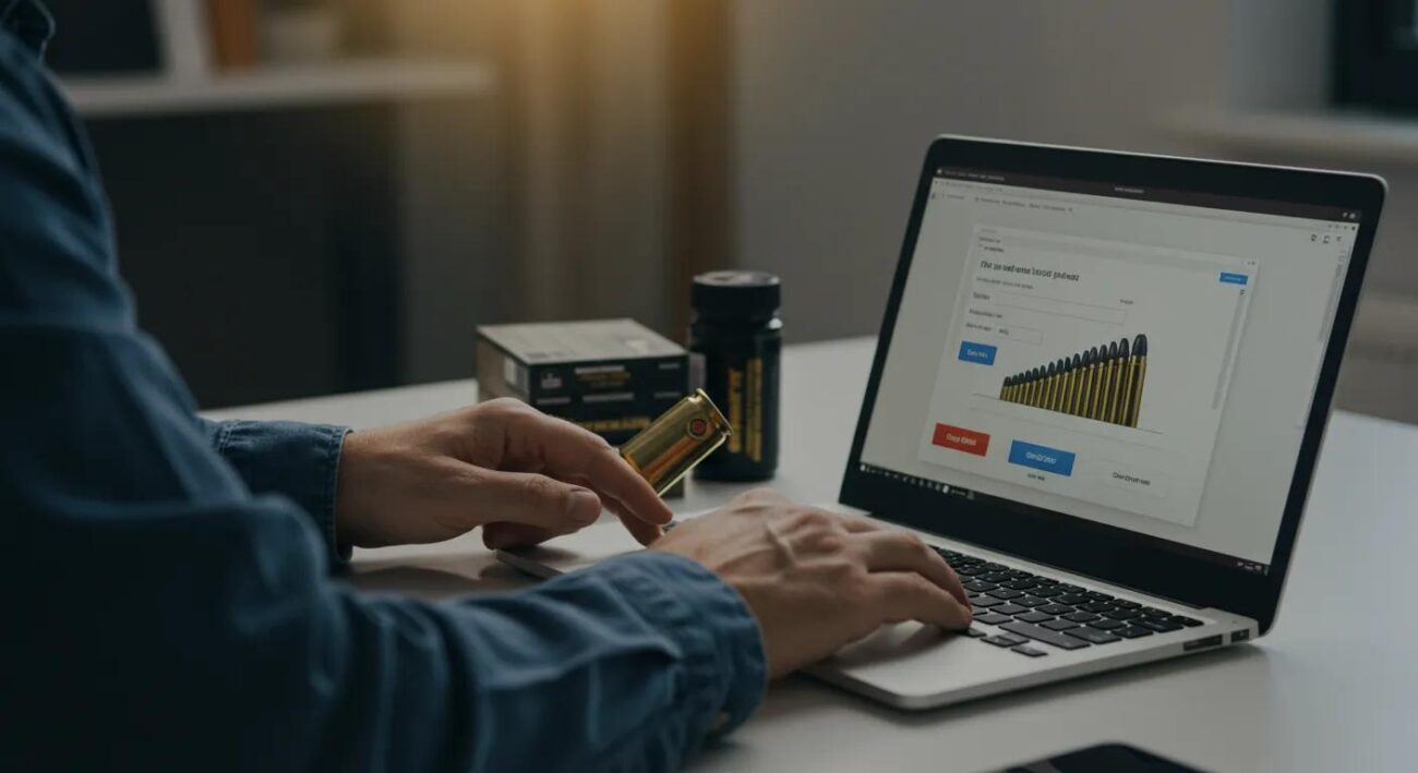 Individual completing a secure online ammunition purchase on a laptop, emphasizing safety and convenience in e-commerce transactions
