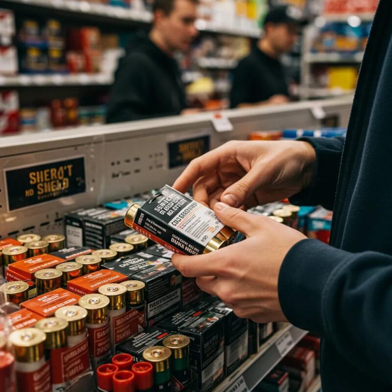 A customer browsing shotgun shells at a local ammunition store