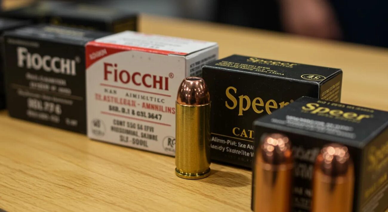 Close-up of Fiocchi and Speer pistol ammunition boxes displayed on a table