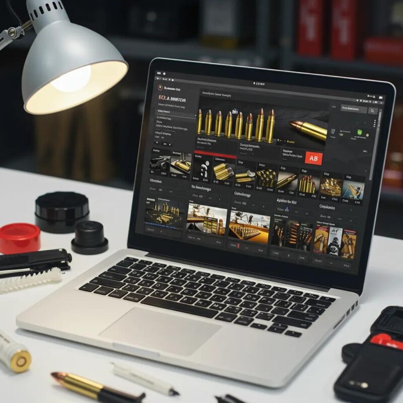 User-friendly interface of an online ammunition store, showcasing diverse ammo categories and shooting accessories for easy selection