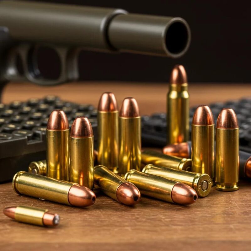 Assortment of ammunition types displayed on a rustic wooden surface, highlighting quality and selection for online shoppers