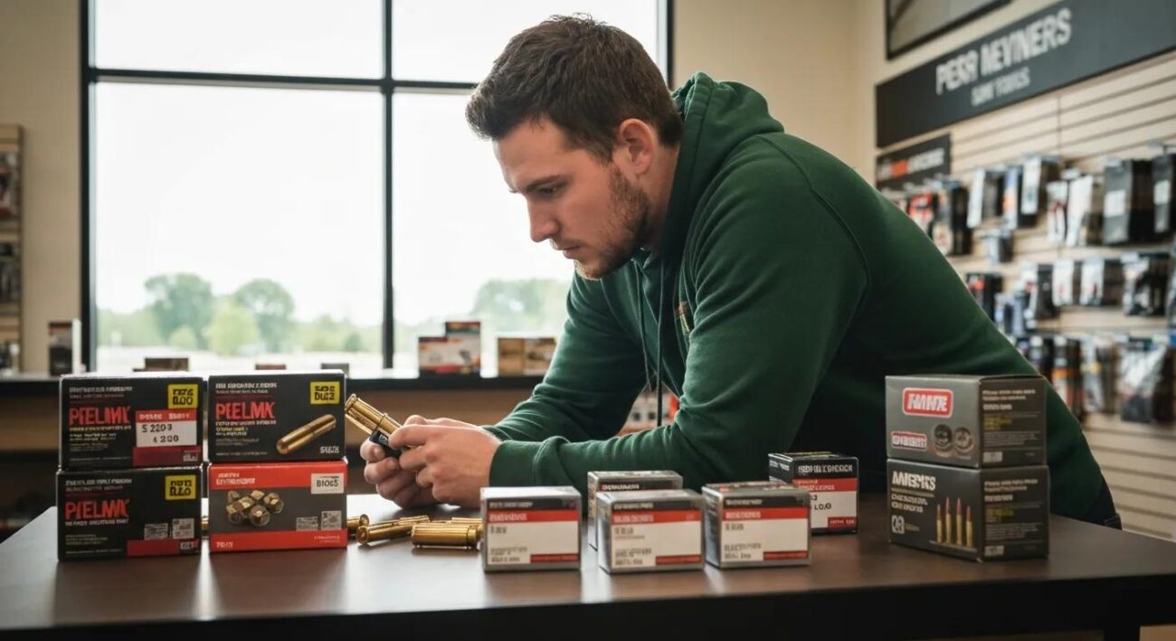 Customer comparing ammunition boxes to evaluate selection and price
