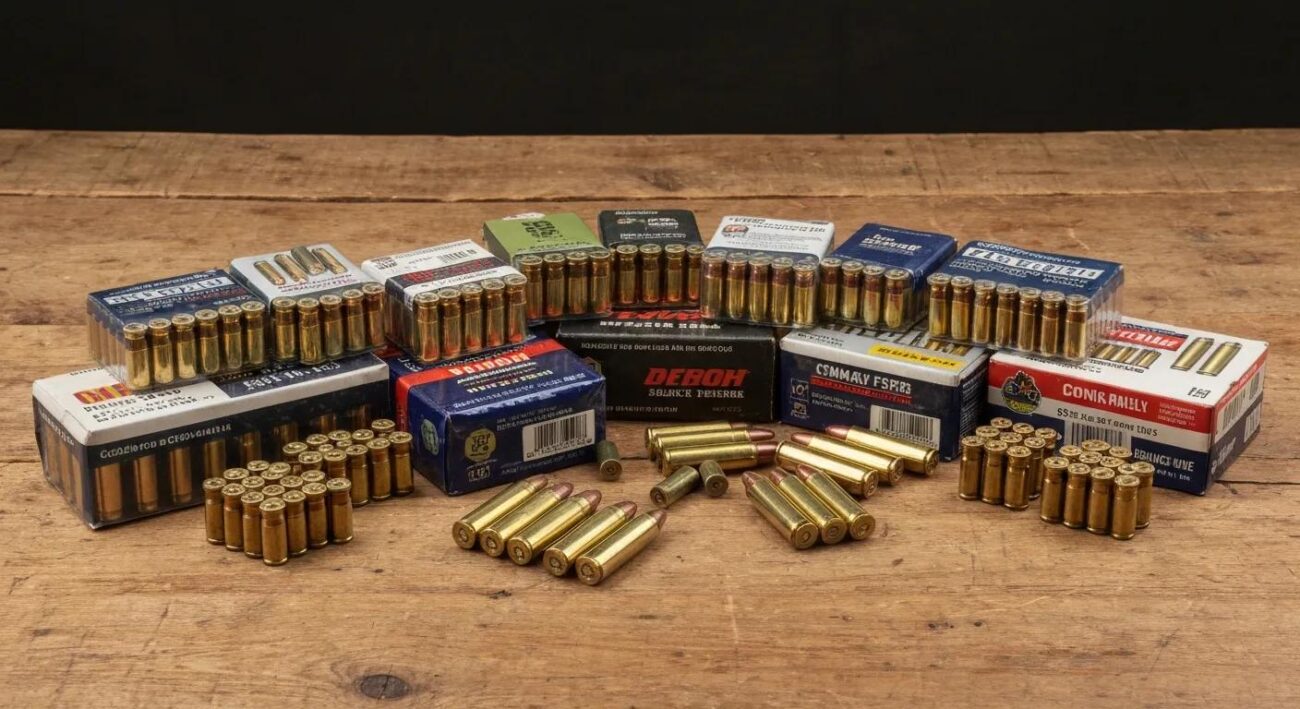 Assorted ammunition on a wooden table highlighting bulk packs and build quality