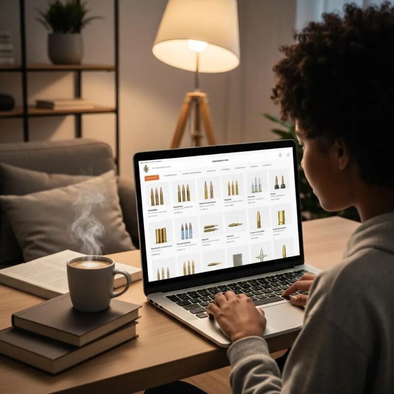 Browsing an online ammo store on a laptop with multiple ammunition options visible