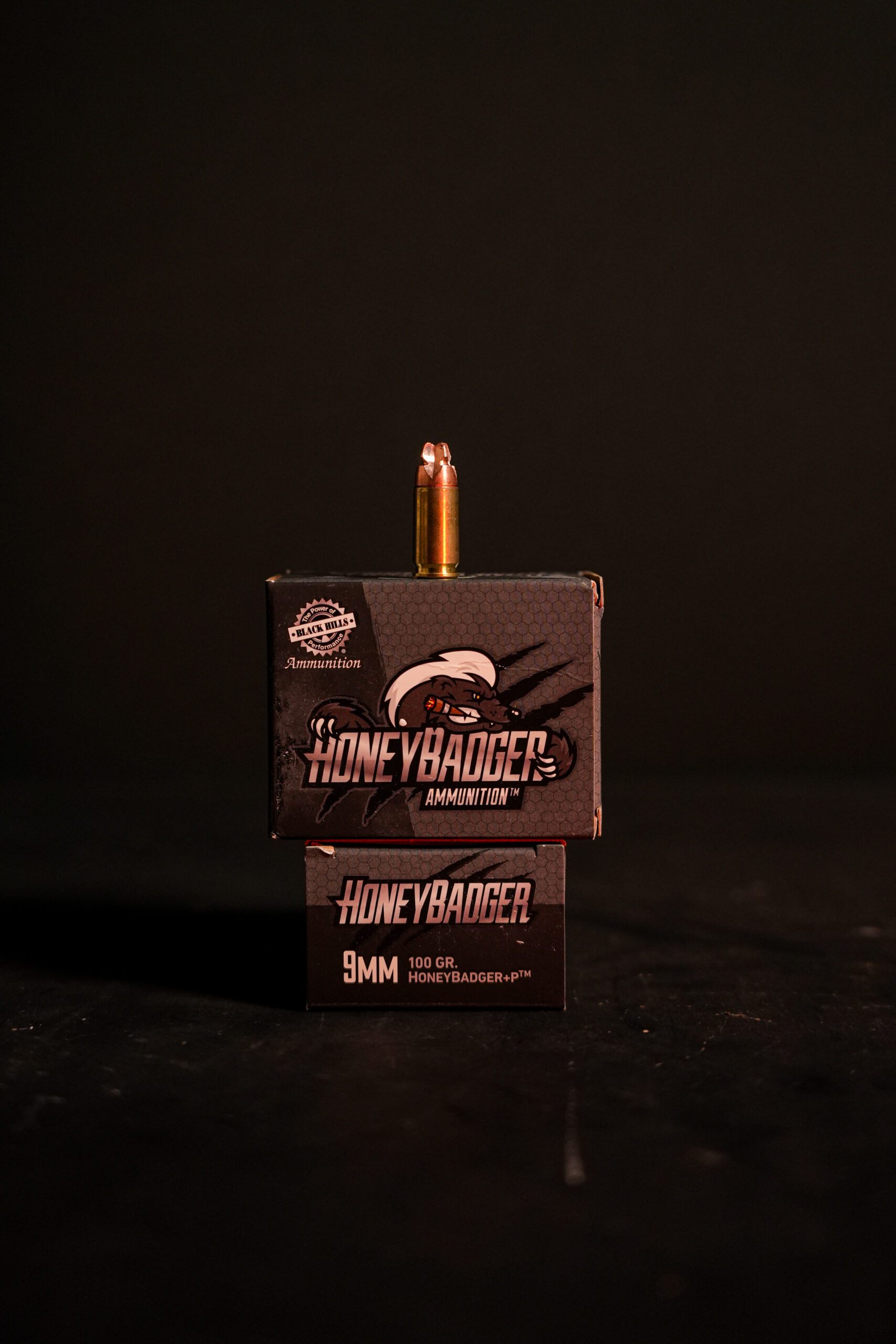 Last Shot Product -14-8 Black Hills HoneyBadger 9MM 100 GR +P Fluted Xtreme Defense External Hollow Point – 20 Round Box - Image 1
